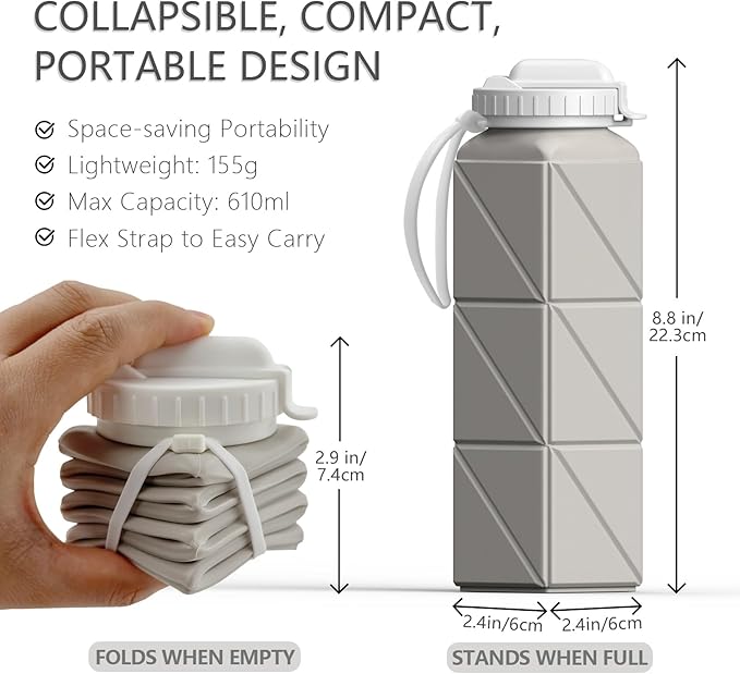 Collapsible Water Bottles 20.6oz, Silicone Foldable Portable Travel Water Bottle, Folding Lightweight Reusable Leakproof for Traveling Camping Hiking Cycling Yoga Sports Outdoor