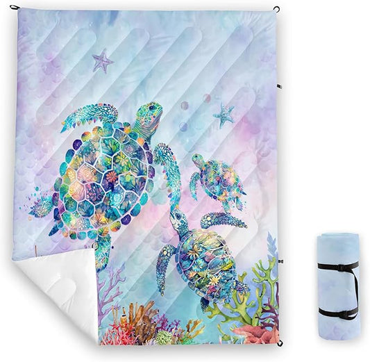 Axolotl Colorful Turtle Printed Camping Blanket,Rainbow Mermaid Scales Travel Blanket,Coral Starfish Lightweight Packable Outdoor Blanket,Ocean Animal Backpacking for Camping,sleeping,Hiking,Picnic