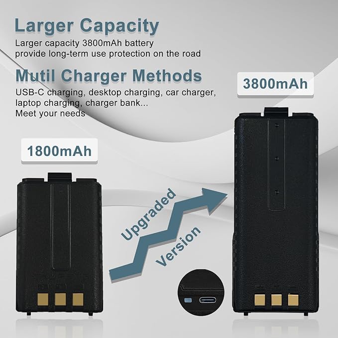 BAOFENG BF-F8HP Radio Battery Extended 3800mAh Type-C Charging Black Replacement for New Version for BF-F8 Rechargeable BL-5 Ham Radio Battery with Cable