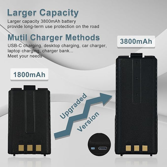 BAOFENG BF-F8HP Radio Battery Extended 3800mAh Type-C Charging Black Replacement for New Version for BF-F8 Rechargeable BL-5 Ham Radio Battery with Cable
