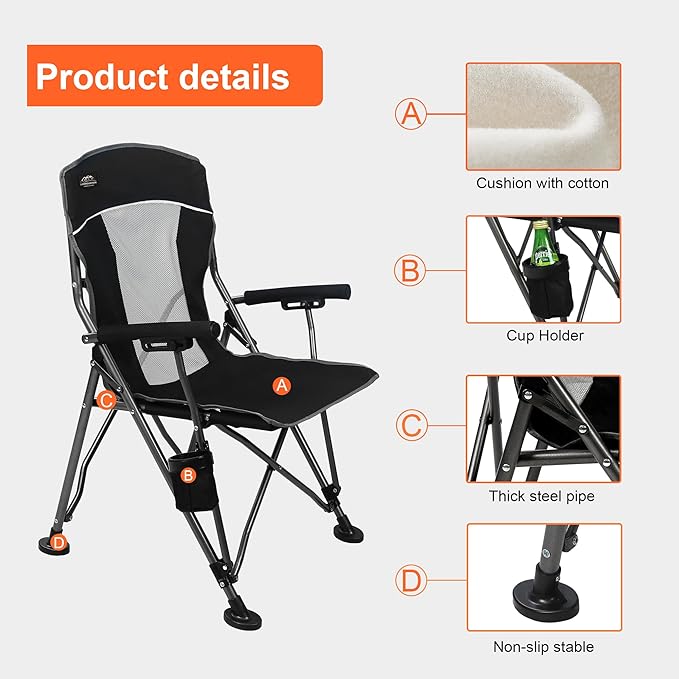 Camping Chair with Padded Hard Armrest,Cup Holder,Heavy Duty for Adults,Mesh Backrest,Portable Lawn Lightweight Outdoor Camp Chair,Support up to 400lbs