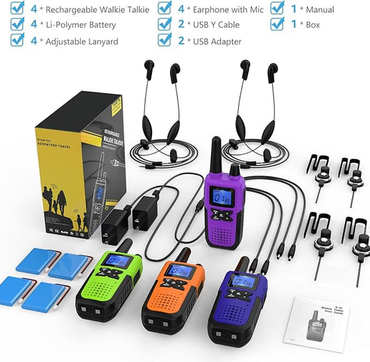 Walkie Talkies Rechargeable for Adults Long Range with Earpiece NOAA Weather Alert, Multi-purpose 2 Way Radio 4 Pack for Team Work Senior Care Kid Adventure Family Camping Hiking Skiing Cruise