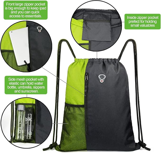 Drawstring Backpack Sports Gym Bag for Women Men Large Size With Two Zipper Pockets and Water Bottle Mesh Pockets