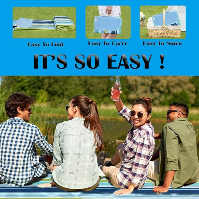 Picnic Blanket Waterproof Washable Foldable 58''x79'',Extra Large Picnic Mat, Dual Layers for Outdoor Water-Resistant Handy Mat, Beach, Intdoor,Camping on Grass - Blue Stripes