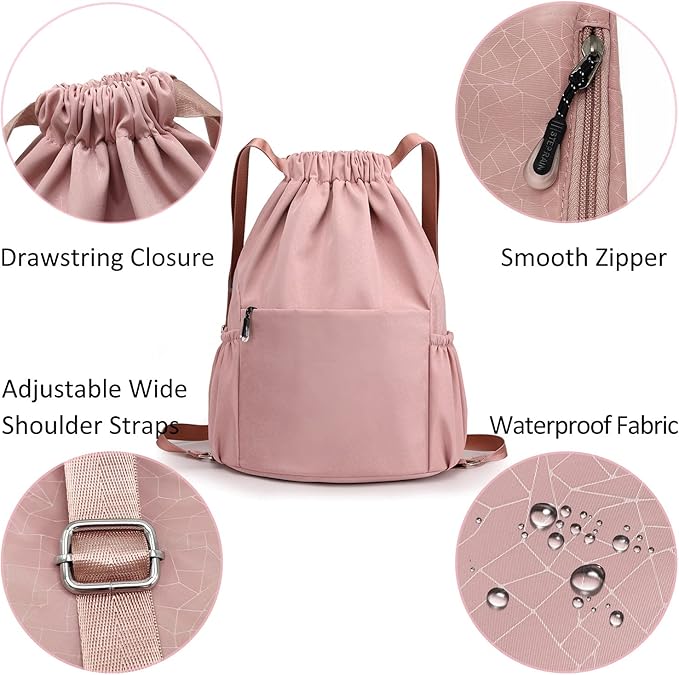 Drawstring Backpack Waterproof Small Gym Bag for Women String Backpack, Sports Gym Sack Cinch Bag with Multi Pockets (Pink)