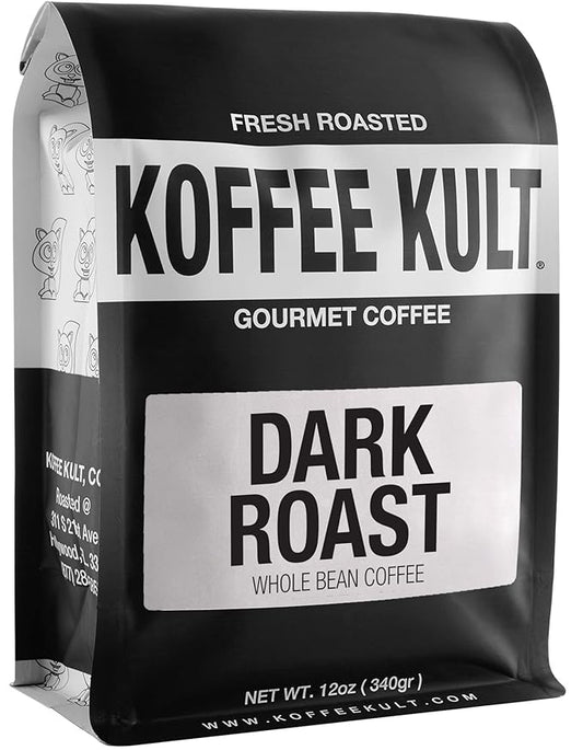 Koffee Kult Dark Roast Coffee Beans - Rich & Bold with Chocolate & Cinnamon Notes, Smooth Finish 100% Arabica, Ethically Sourced, Resealable 12oz
