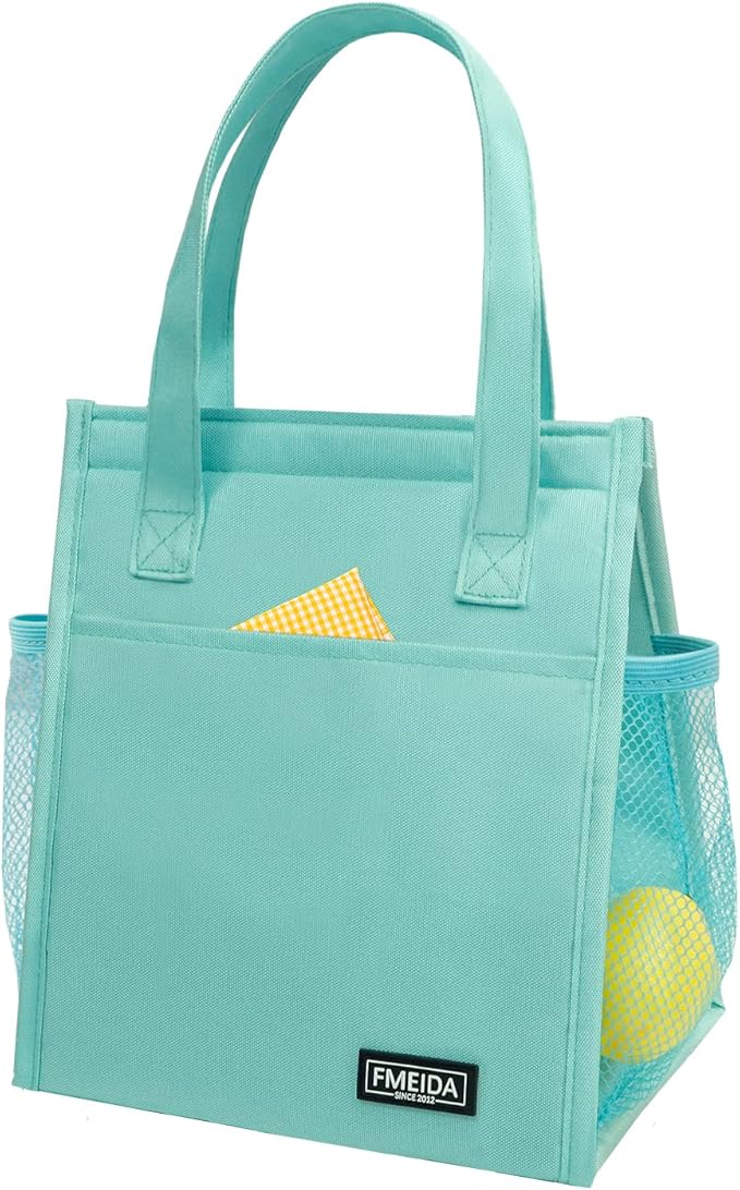 Fmeida Insulated Lunch Bag Women, Simple Lunch Tote Bags, Waterproof Thermal Cooler Lunch Bag, Reusable Adult Lunch Box Bag for Women | Small Mint Blue, Front&Side&Interior Pockets