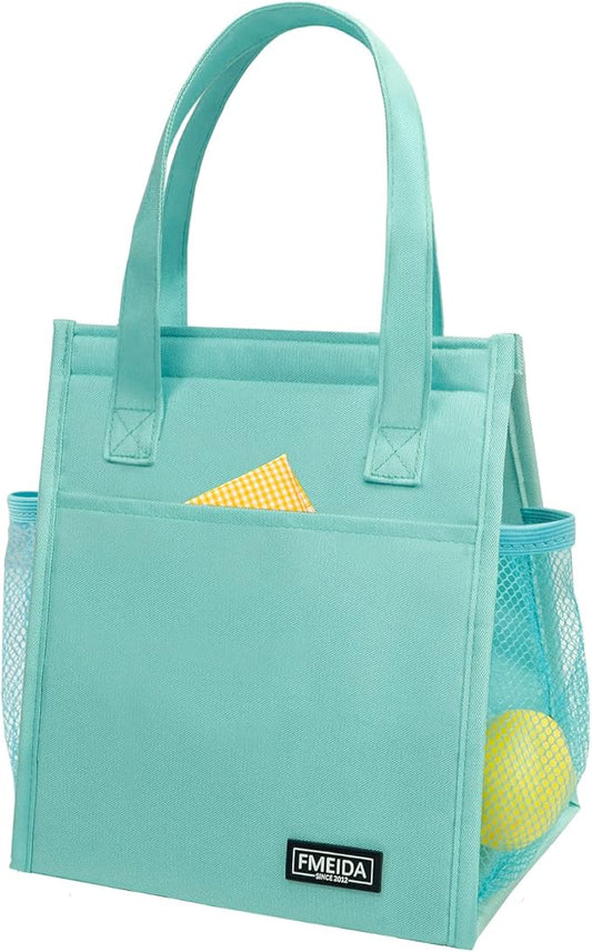 Fmeida Insulated Lunch Bag Women, Simple Lunch Tote Bags, Waterproof Thermal Cooler Lunch Bag, Reusable Adult Lunch Box Bag for Women | Small Mint Blue, Front&Side&Interior Pockets
