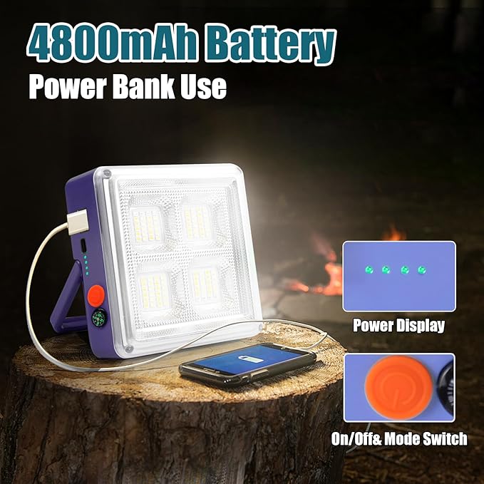 Solar Work Lights 4800mAh 4 Light Modes 10000 Lumen Waterproof USB Power Outages Solar Camping Lights with Hanging Clips for Outdoor Hiking Emergency Hurricane Car Repairing