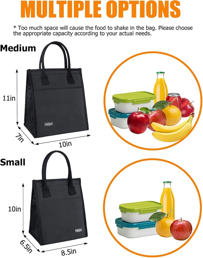 Fmeida Black Lunch Bag For Men Women Insulated Lunch Bags Waterproof Thermal Lunch Box Bag With Front Side Interior Pockets Reusable Lunch Kit