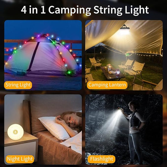 Camping String Lights 2 in 1 RGB & Warm String Lights 8 Lighting Modes Rechargeable String Lights Portable Camping Lights Camping Lantern Flashlight for Camping/Emergency/Outdoor/Indoor