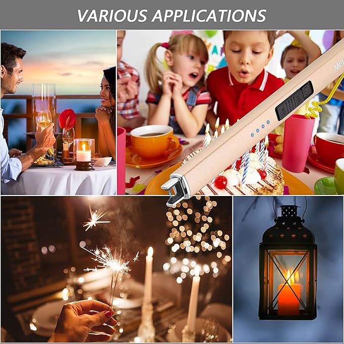 MEIRUBY Lighter Electric Candle Lighter Long Electronic Rechargeable USB Lighter Arc Windproof Flameless Lighters for Candle Camping BBQ Birthday Women's Day Gifts for Women Mom Wife Men, Gold