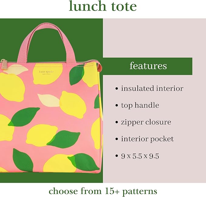 Kate Spade New York Portable Soft Cooler Lunch Bag, Small Insulated Tote, Thermal Lunch Bag with Silver Insulated Lining and Storage Pocket, Lemon Toss