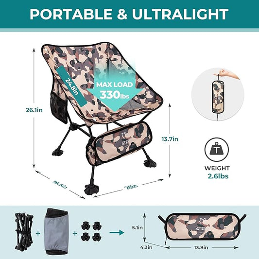 ATEPA Backpacking Chair, Ultralight Folding Portable Small Camping Chairs for Adults Compact Foldable Beach Seat with Anti-Sinking Feet & Aluminum Frame for Outdoor Hiking Travel Fishing