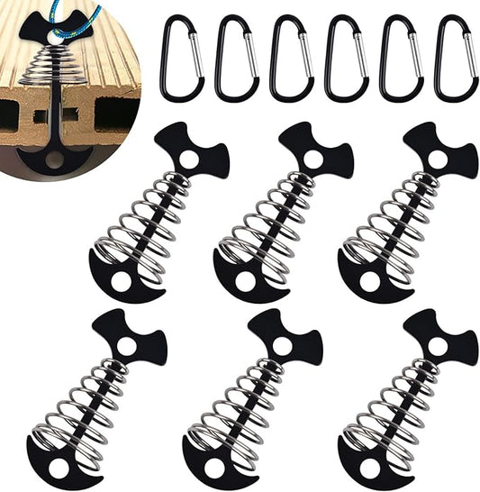 Deck Anchor Pegs,6Pcs Aluminium Alloy Fishbone Tent Stakes Pegs with Carabiners Clips,Windproof Deck Plank Board Tent Pegs Cord with Spring Rope Buckle,Adjuster Tensioner Set for Camping Hiking