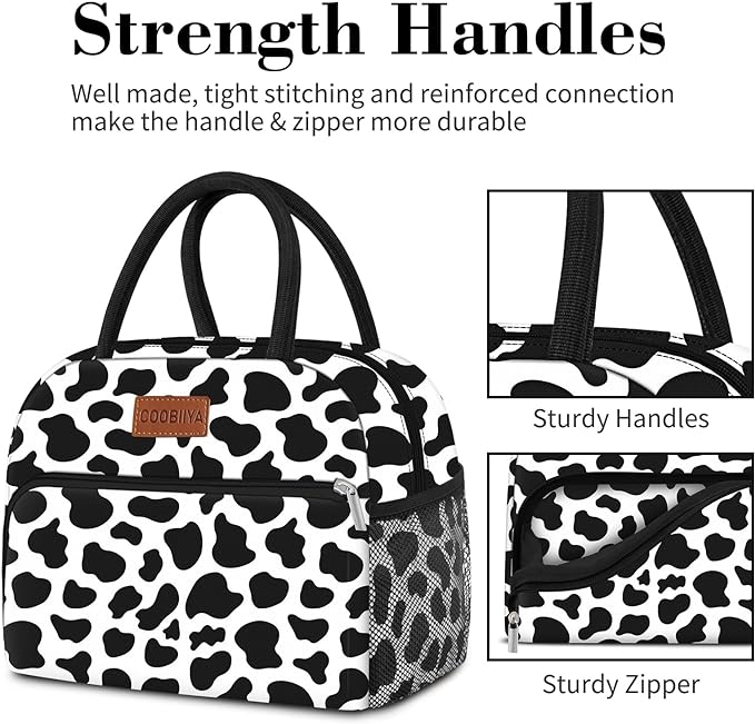 Coobiiya Lunch Bag Women, Lunch Box for Women Adult Men, Small Leakproof Cute Lunch Tote Large Capacity Reusable Insulated Cooler Lunch Container for Work/Office/Picnic/Travel-Cow
