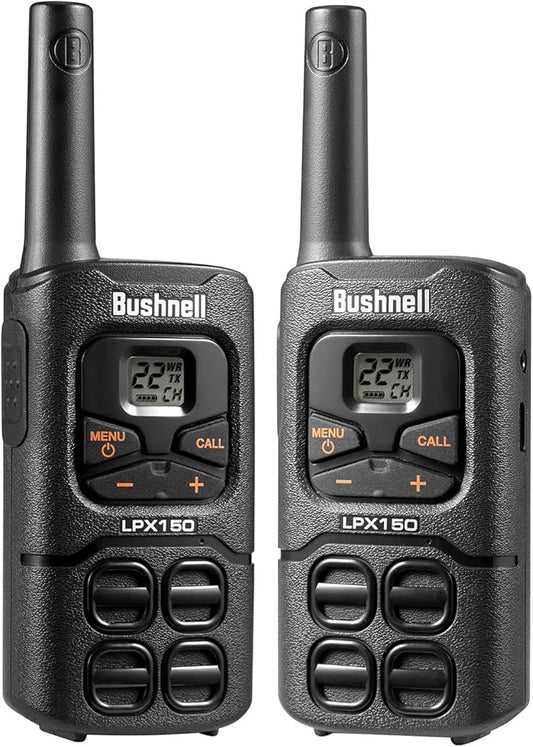 Walkie Talkies by Bushnell - LPX150 Long Range 2-Way Radio with NOAA Weather Radio - Heavy Duty Shock Resistant - 22 Channels & USB-C Charging (2 Pack)