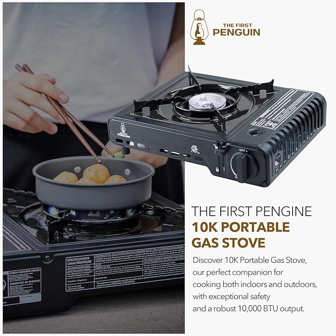 The First Penguin Portable Camping Stove - with Carrying Case 10,000 BTU Great for Emergency Preparedness Kit, High Power Butane Stove, Perfect for Camping, Hiking and Emergency-Black