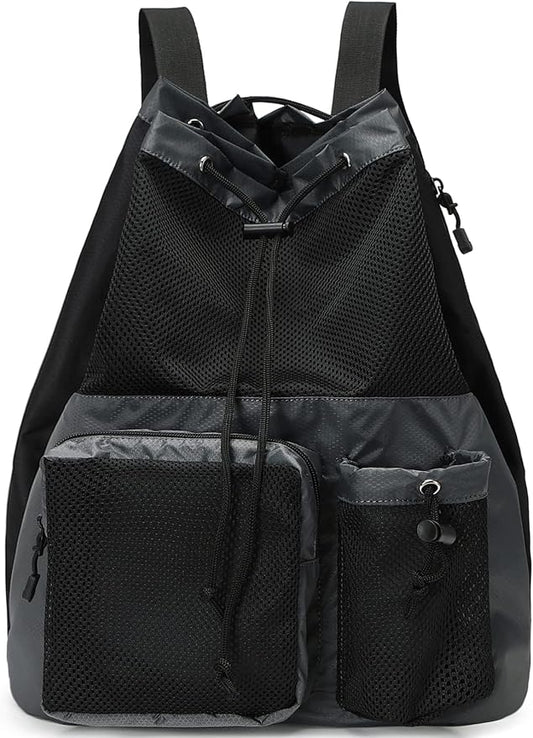 Lohol Large Mesh Drawstring Backpack with Shoe Bag, Durable Swimming String Sack with Handle for Sports Gym Yoga Beach Travel