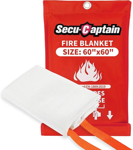 SecuCaptain Emergency Fire Blanket for Home - 60"x60" X-Large Flame Retardant Blankets with Fireproof Tabs for House Camping Kitchen Fire Protection Survival Safety