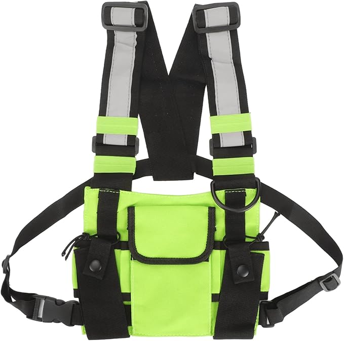 Universal Radio Chest Harness Rig Bag, Walkie Talkie Pocket Pack Holster Vest with Front Pouches & Adjustable Shoulder Straps for Two Way Radio (Bright Green)