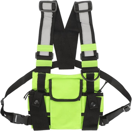 Universal Radio Chest Harness Rig Bag, Walkie Talkie Pocket Pack Holster Vest with Front Pouches & Adjustable Shoulder Straps for Two Way Radio (Bright Green)