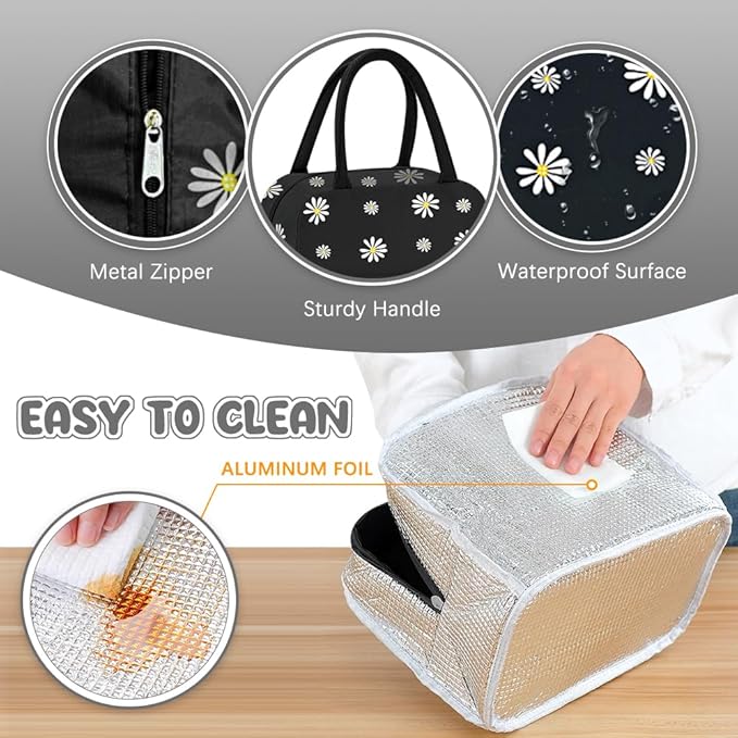 Womens Lunch Tote, Cute Black Daisy Men Lunch Bag Waterproof, Reusable Foil Fabric Cooler Bags Insulated for Work, Picnic, Outdoor