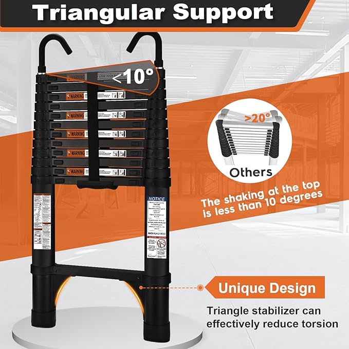 Telescoping Ladder, SocTone 12.5 FT Aluminum Lightweight Extension Ladder with 2 Triangle Stabilizers, Heavy Duty 330lbs Max Capacity, Collapsible Ladder with Hooks for RV or Outdoor Work