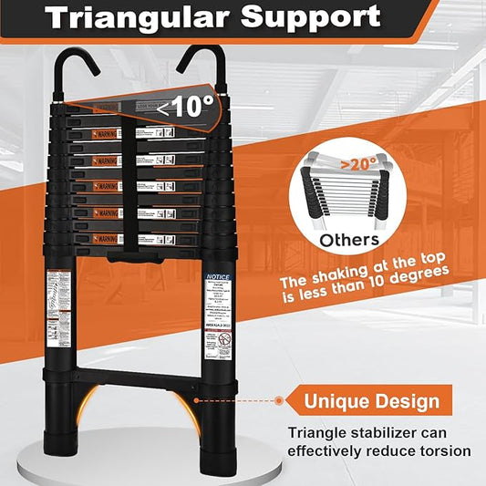 Telescoping Ladder, SocTone 12.5 FT Aluminum Lightweight Extension Ladder with 2 Triangle Stabilizers, Heavy Duty 330lbs Max Capacity, Collapsible Ladder with Hooks for RV or Outdoor Work