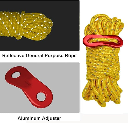 6 Pack 4mm Outdoor Guy Lines Tent Cords Reflective Canopy Wind Rope Lightweight Camping Rope with Aluminum Guylines Adjuster for Tent Tarp, Canopy Shelter, Camping, Hiking, Backpacking (yellow)