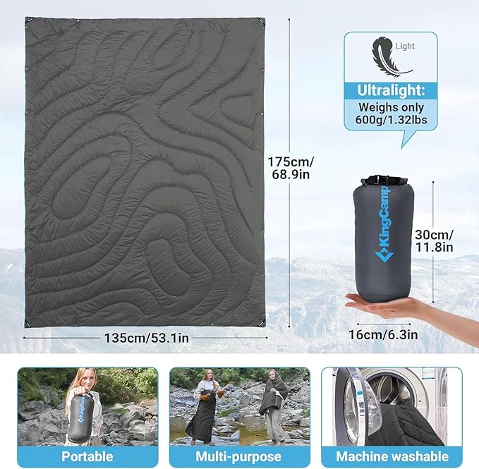 KingCamp Lightweight Camping Blanket - Stylish & Multifunctional Quilt with Snap Button, Portable for Travel, Airplane, Indoor & Outdoor - Provides Warmth - Gray