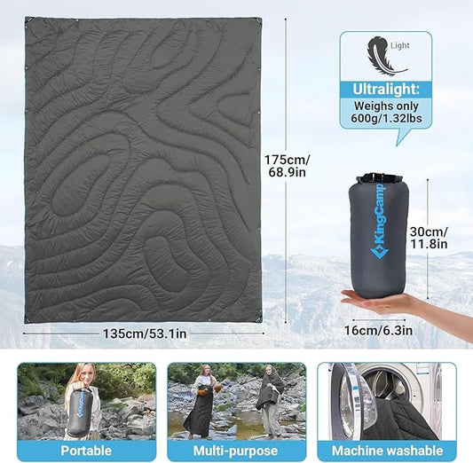 KingCamp Lightweight Camping Blanket - Stylish & Multifunctional Quilt with Snap Button, Portable for Travel, Airplane, Indoor & Outdoor - Provides Warmth - Gray