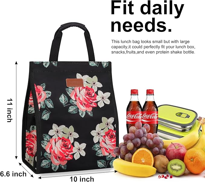 Lunch Bags for Women Insulated Reusable Lunch Tote with Internal Pocket, Lunch Tote bag for Work (Flower)