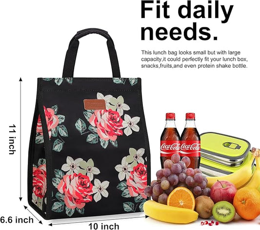 Lunch Bags for Women Insulated Reusable Lunch Tote with Internal Pocket, Lunch Tote bag for Work (Flower)