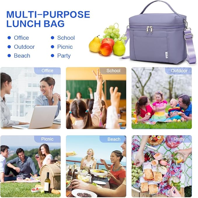 NOL Natural Organic Lifestyle Insulated Lunch Bags for Women Cooler Bag Lightweight Nylon Waterproof Lunch Box For Work (Light purple, Medium(normal))