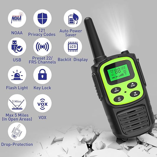 Rechargeable Walkie Talkies,Fvamom Walkies Talkies for Adults with 22 Channels,Long Range Walkie Talkies with NOAA Weather Channels,VOX LCD Display LED Flashlight (Green)