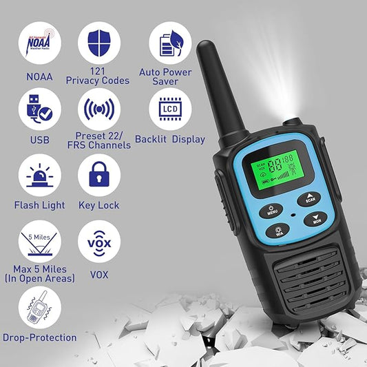 Rechargeable Walkie Talkies,Fvamom Walkies Talkies for Adults with 22 Channels,Long Range Walkie Talkies with NOAA Weather Channels,VOX LCD Display LED Flashlight (Blue)