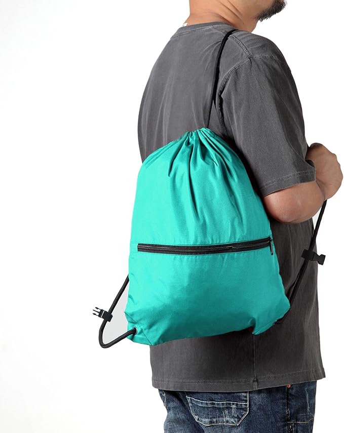 Drawstring Backpack Sports Gym Bag for Women Men Large Size With Two Zipper Pockets and Water Bottle Mesh Pockets