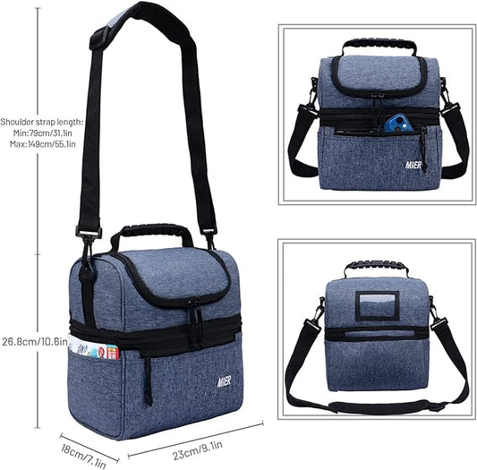 MIER 2 Compartment Lunch Bag for Men Women, Leakproof Insulated Cooler Bag for Work, Bluesteel, Medium