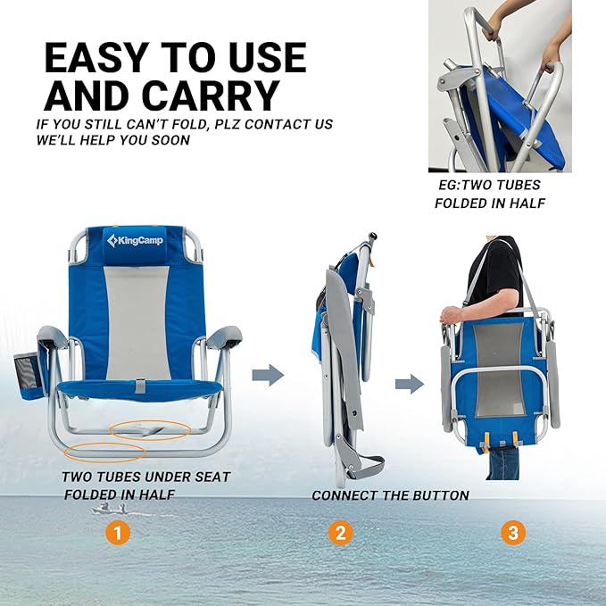 KingCamp Low Beach Chairs, Portable Folding Chair for Adults Extra Wide Ergonomic High Back Seat 300lbs Heavy Duty Lightweight Oversized Gear with Carry Bag for Outdoor Lawn Camping Picnic