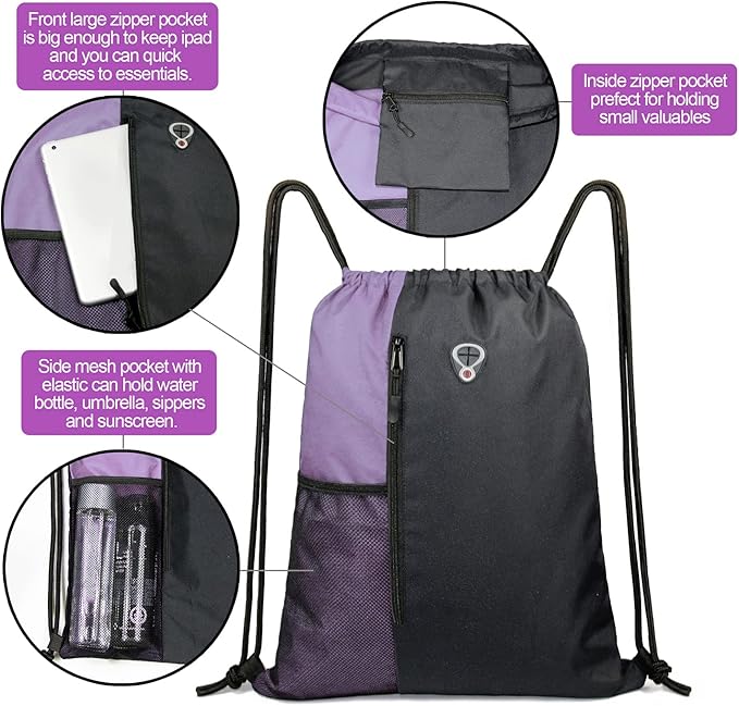 Drawstring Backpack Sports Gym Bag for Women Men Large Size With Two Zipper Pockets and Water Bottle Mesh Pockets