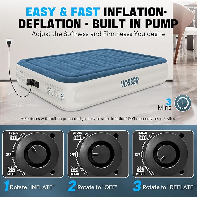Air Mattress Full with Built in Pump,Inflatable Mattress 2 Mins Self-Inflation/Deflation,Thicker Blow up Mattress Leak-Proof,Flocked Top Air Bed with Storage Bag for Home, Camping & Guests
