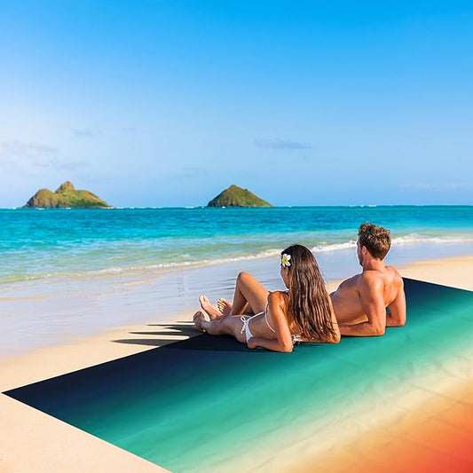 78''×86'' Large Colorful Beach Blanket 4-6 Adults, Waterproof Sandproof Picnic Mat w/ 4 Stakes, Compact Lightweight Portable Pocket Outdoor Travel Tarp for Camping, Hiking, Concert - Sunset Gradient