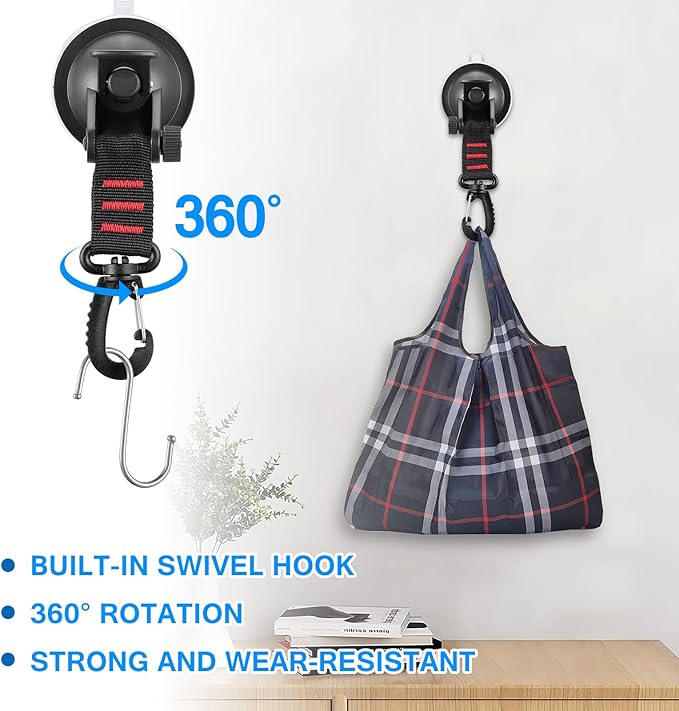 OCR 4 Pack Vacuum Suction Cup, Heavy Duty Sucker Cup Anchor with 8 Securing S Hook, Car Tensioner for Camping Car Mount Tents Luggage Tarps Car Side Awning (with Red Webbing Hook)