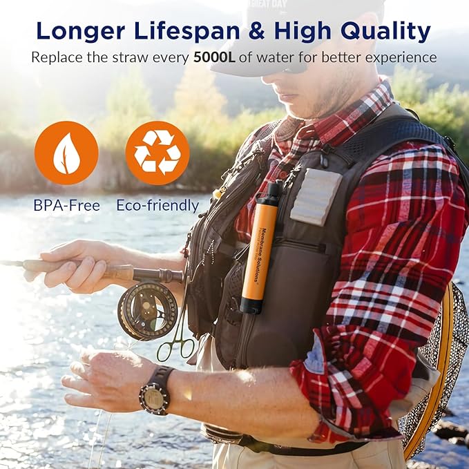 Membrane Solutions Straw Water Filter S1, NSF/ANSI 42&372&401 certificated, Survival Filtration Portable Gear, Emergency Preparedness, Supply for Drinking Hiking Camping Team Family Outing