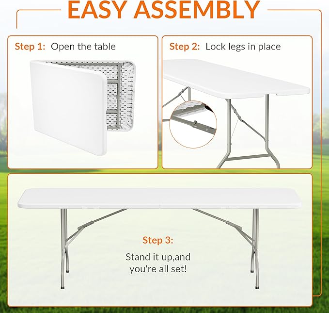 Folding Table, 8 Feet Heavy Duty Fold-in-Half Utility Table Indoor Outdoor for Camping, Picnic, Party