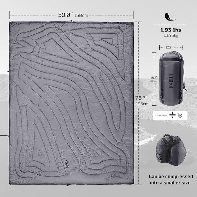 3M Thinsulate Insulation Camping Blanket, Packable, Lightweight Camp Quilt with Footbox, Zippered, Outdoor Sleeping Blanket for Backpacking, Travel, Stadium, Beach