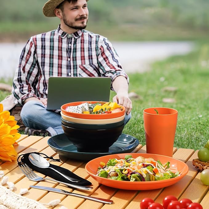 Kyraton Camping Utensils - Mess Kit for Travel, Picnic, Outdoor, Camping Gear - Silverware Set, Cup, Bowl, Plate - Essentials for 4