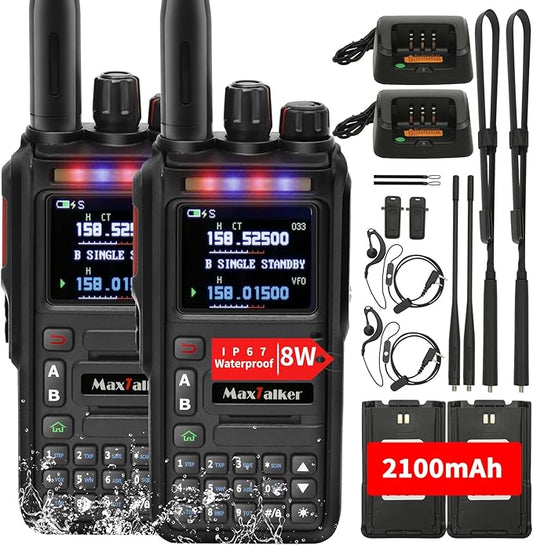Waterproof Walkie-Talkies GMRS Ham Radio: MaxTalker TK-W60 Construction Radios Walkie Talkies 8W with Tactical Antenna, Multi-Band UHF VHF Radio, Rechargeable Heavy Duty Walkie Talkies Long Range 2PCS