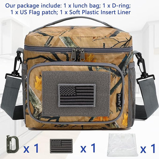 FlowFLy Lunch Bag, Insulated Cooler, Thermal Lunch Box Tote with MOLLE/PALS Webbing, Adjustable Padded Shoulder Strap, for Tactical Men Women Adults and Boys Girls Kids (Maple Leaves Camo, Medium)